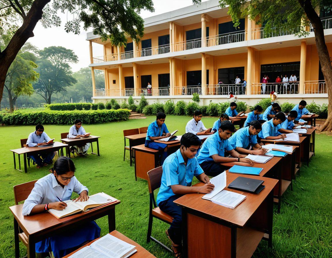 A vibrant depiction of Bihar's educational landscape showing students of diverse backgrounds engaged in study, surrounded by books and digital devices, symbolizing the blend of traditional and modern education. In the background, iconic Bihar architecture and lush greenery to represent growth and progress. Bright colors to convey hope and triumph amid challenges. super-realistic. vibrant colors. dynamic composition.