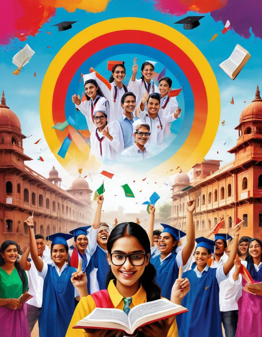 A vibrant and dynamic visual collage featuring students celebrating their academic achievements, a chart displaying the rising success rates of the Bihar Board Examination results, and iconic symbols of education like books and graduation caps. The backdrop should subtly include elements representing Bihar, such as its landmarks or cultural motifs. A bright, uplifting color palette that conveys inspiration and motivation. super-realistic. vibrant colors. white background.